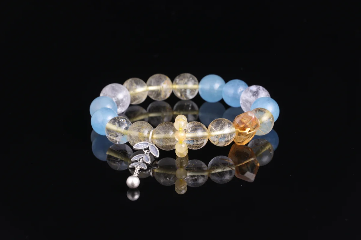 天然海藍寶金髮晶白阿塞手串 生辰定制五行能量水晶 招財轉運根基手鏈