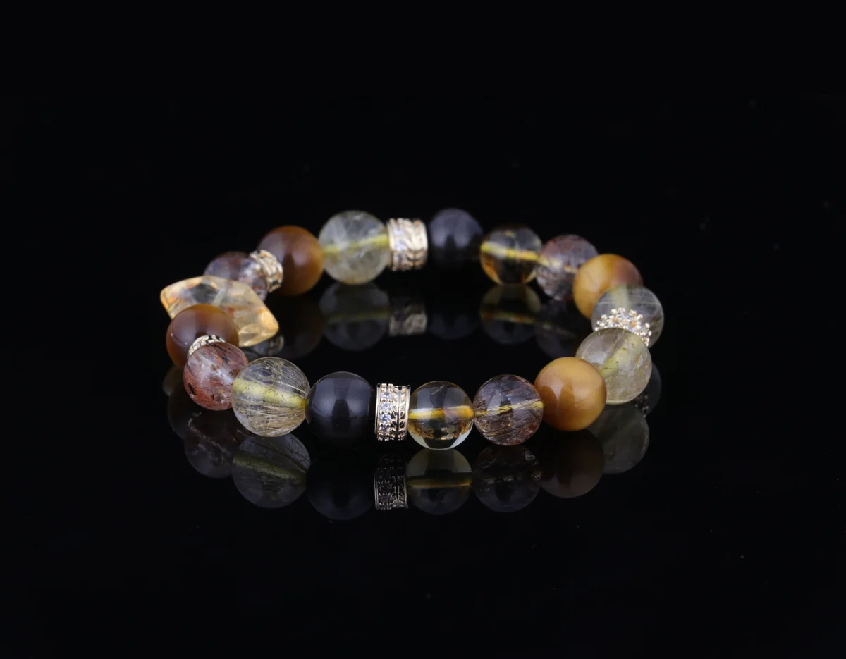 天然金髮晶手串 七彩聚財能量水晶 銀耀石金虎眼黑晶超7黃塔晶生辰訂製