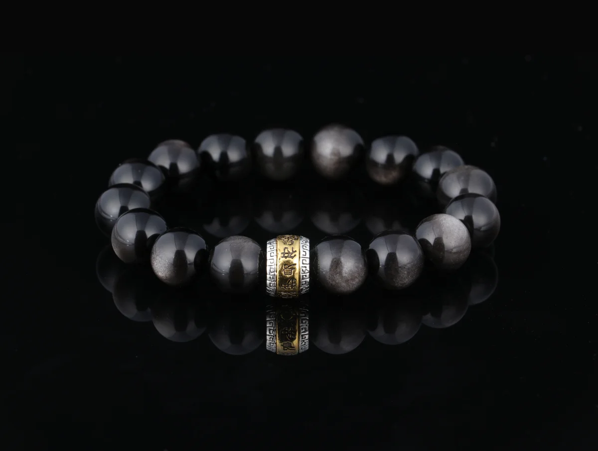 天然黑曜石手鍊漩渦銀飾訂製生辰石能量手串招財辟邪轉運珠