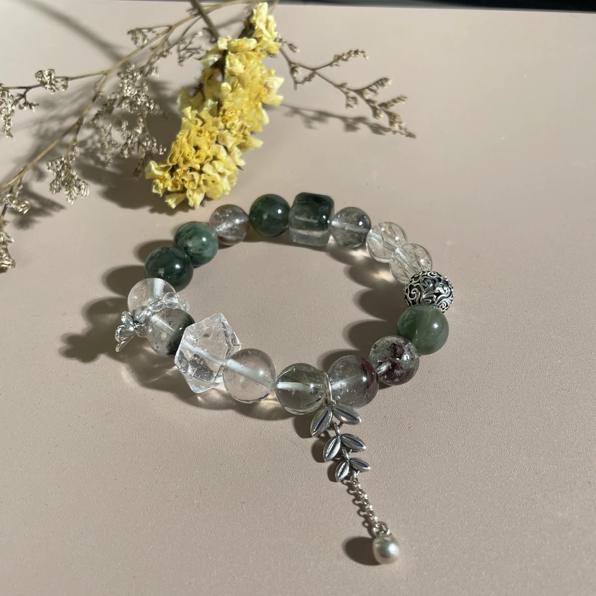 天然綠碧璽白水晶隨形水晶輕奢小眾水晶定制手鍊